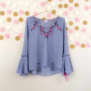 Xhiliration Embroidered Bell Sleeve Top